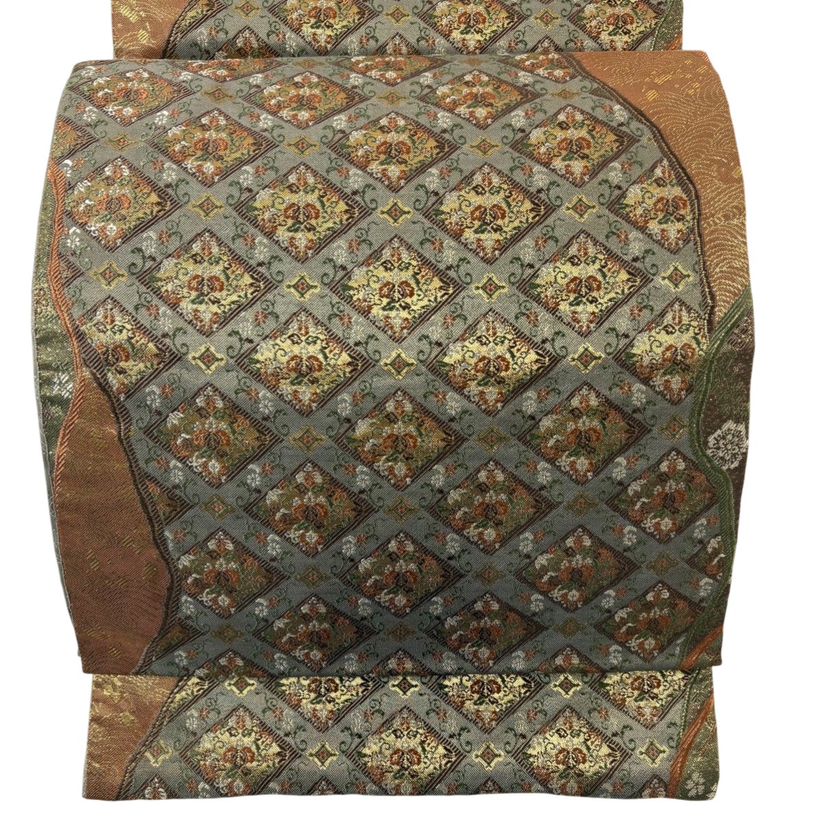 【美品】 袋帯 秀品 菱 草花 金糸 箔 茶緑色 六通 正絹 【中古】