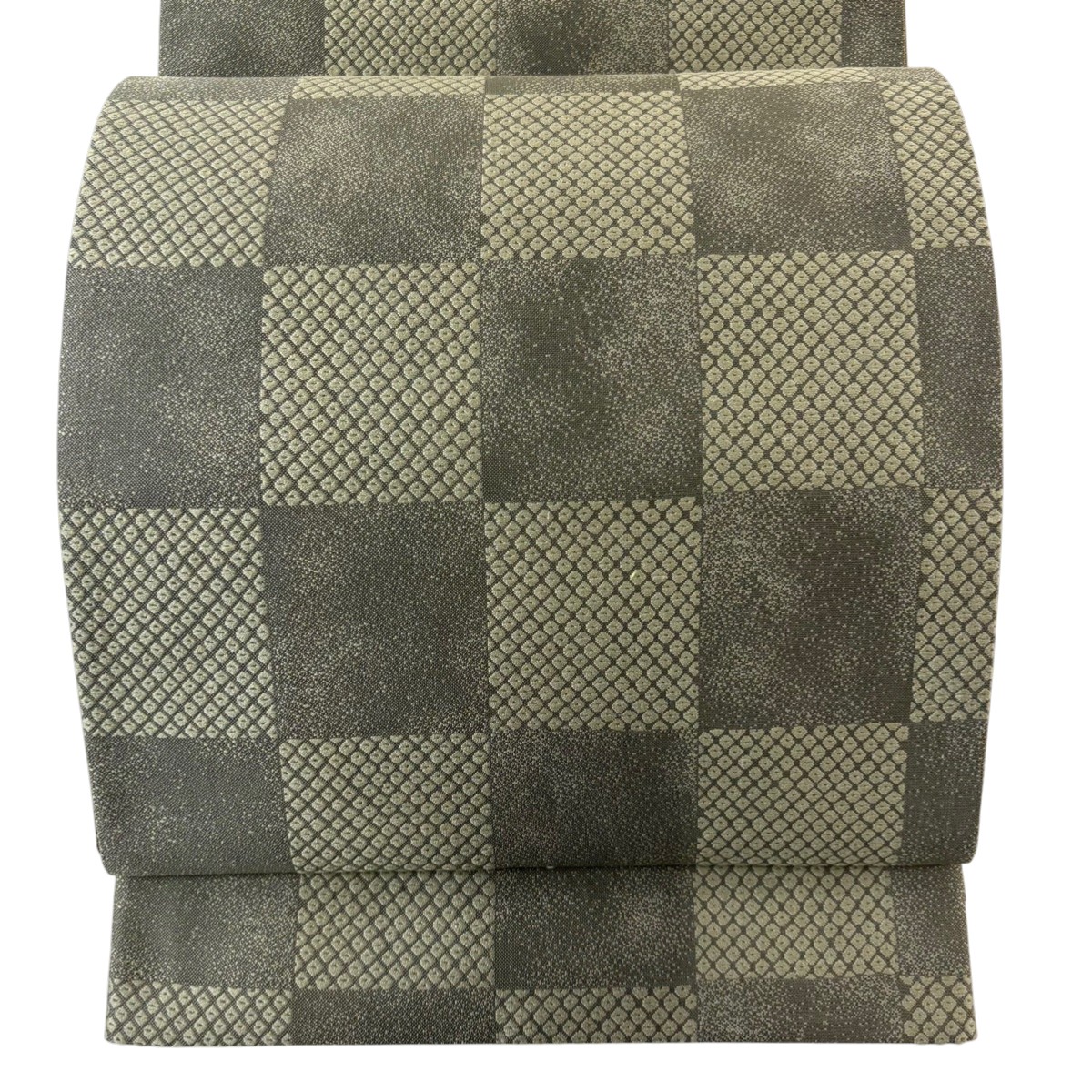【美品】 袋帯 秀品 変わり市松 疋田 灰緑 全通 正絹 【中古】
