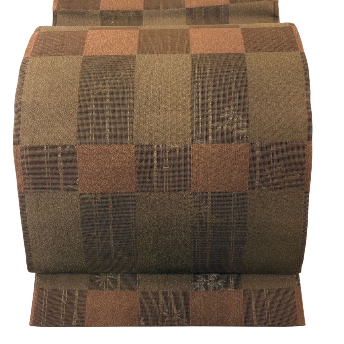 【美品】 袋帯 秀品 変わり市松 竹 金彩 焦茶色 全通 正絹 【中古】
