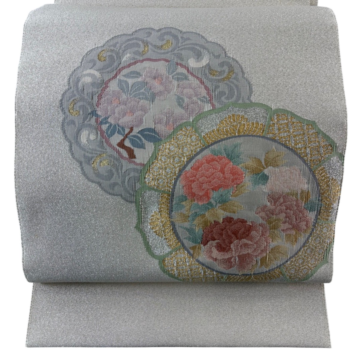 名古屋帯 秀品 八寸名古屋帯 松葉仕立て 草花 金銀糸 銀色 正絹 【中古】
