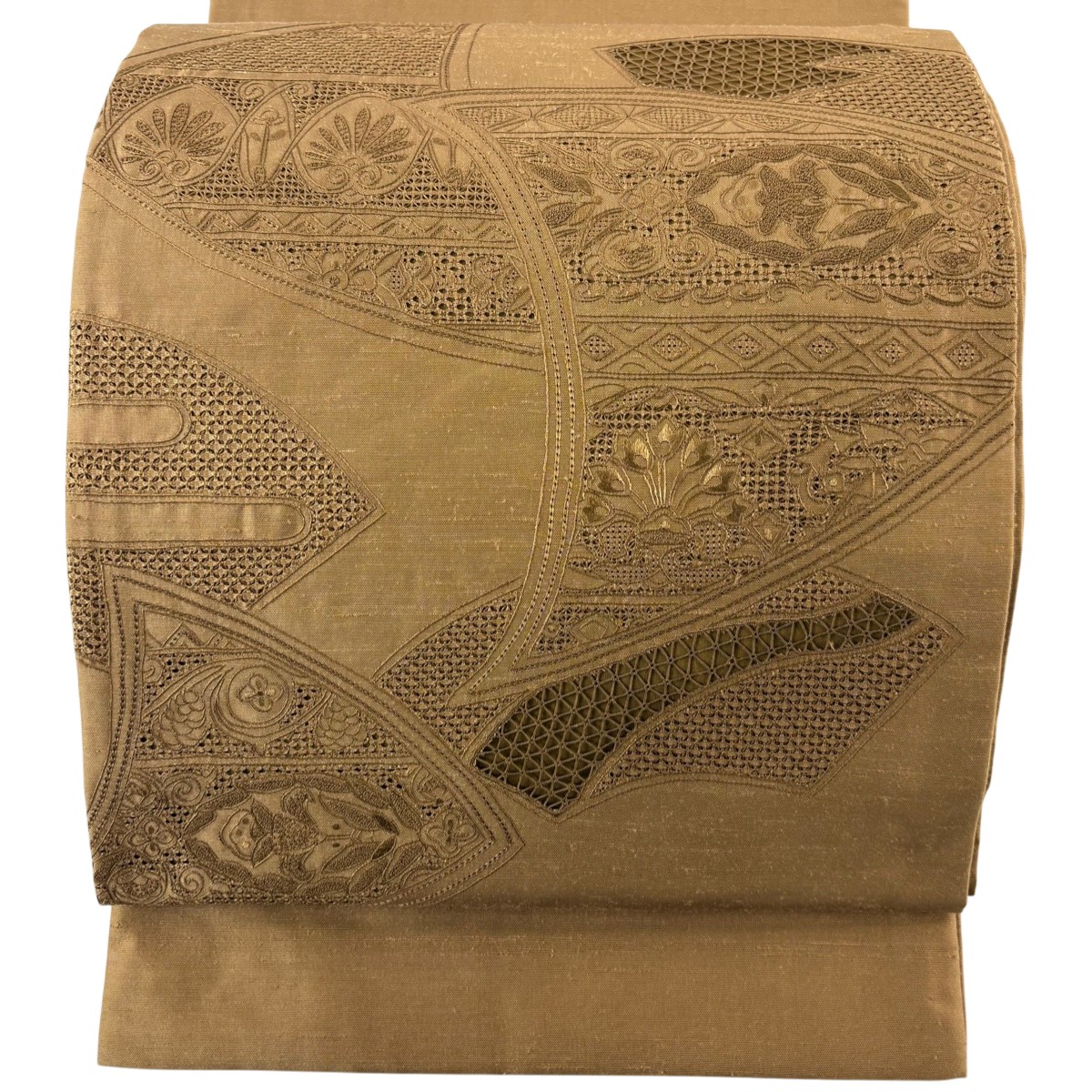 【美品】 袋帯 秀品 紬地 草花 幾何学 刺繍 茶色 お太鼓柄 正絹 【中古】