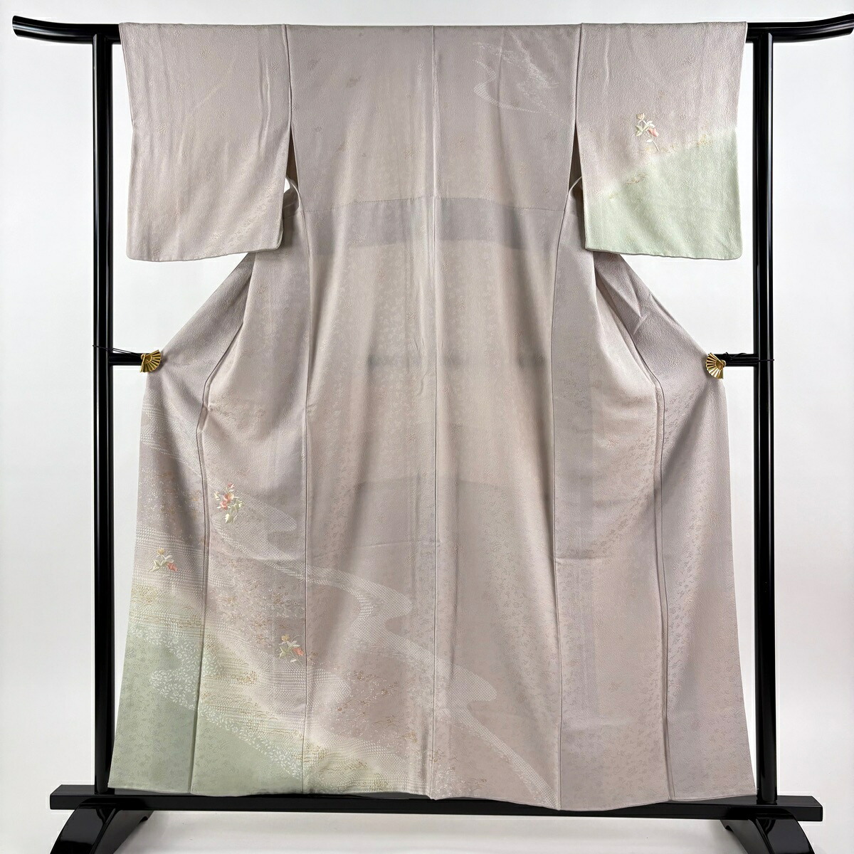訪問着 身丈157cm 裄丈61.5cm S 袷 草花 霞 刺繍 金彩 薄小豆 正絹 秀品 【中古】