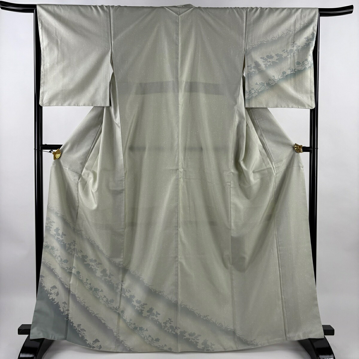 訪問着 身丈167cm 裄丈65.5cm M 袷 紬地 草花 シルエット ぼかし 薄緑 正絹 秀品 【中古】