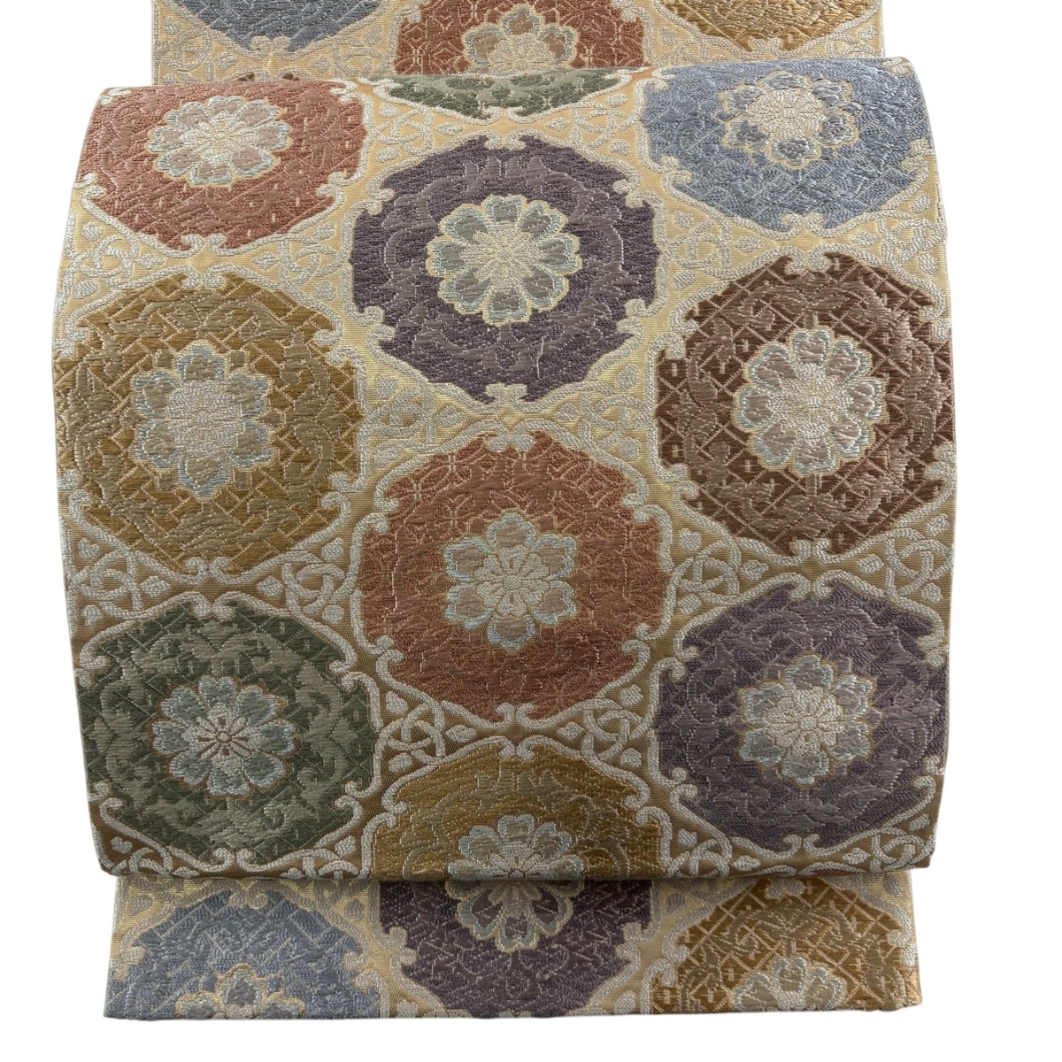 【美品】 袋帯 秀品 華文 唐草 唐織 箔 ベージュ 六通 正絹 【中古】