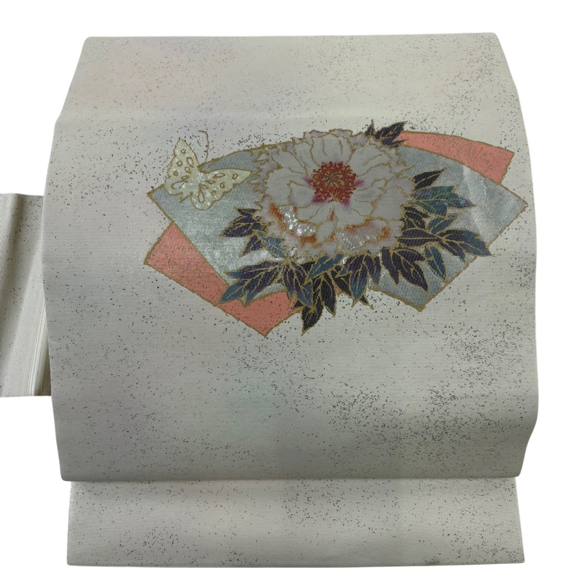 名古屋帯 秀品 牡丹 扇面 箔 螺鈿 クリーム 正絹 【中古】