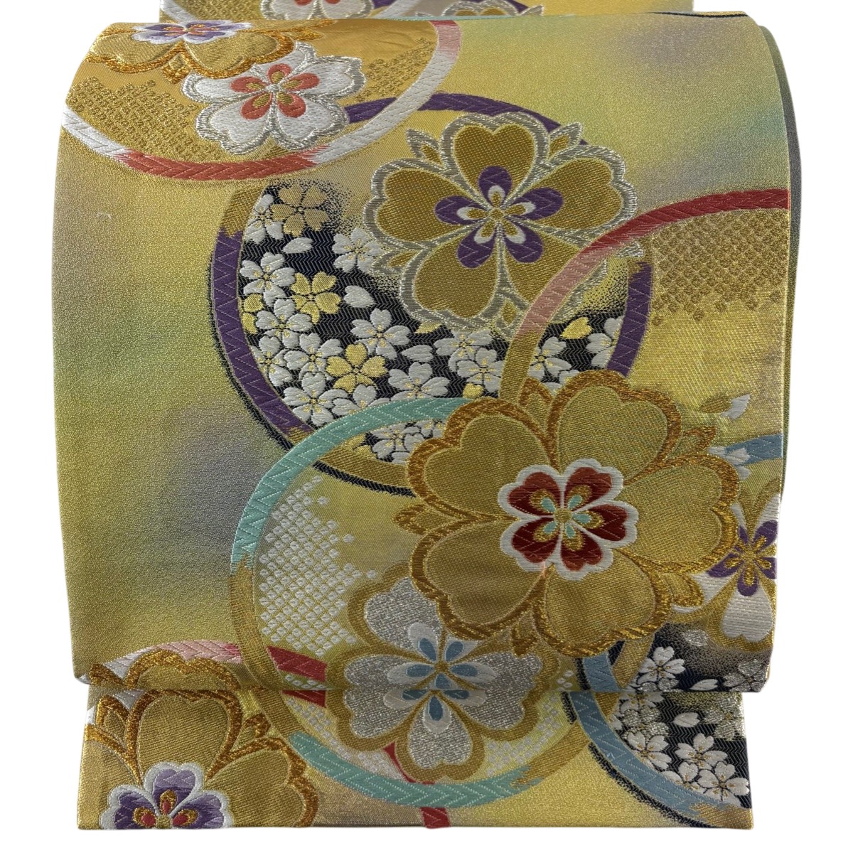 【美品】 袋帯 秀品 桜 丸文 金銀糸 箔 金色 六通 正絹 【中古】