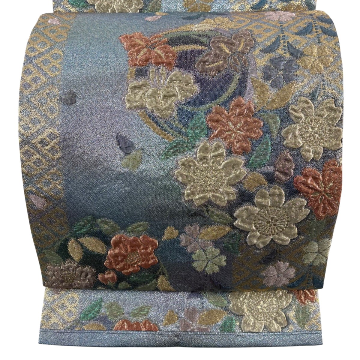 【美品】 袋帯 秀品 関西仕立て 花丸文 桜 金糸 箔 青灰色 六通 正絹 【中古】