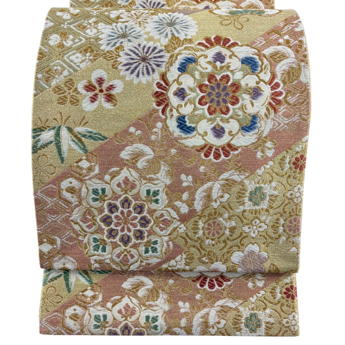 【美品】 袋帯 秀品 落款あり やまと 華彩更紗 金糸 薄黄 六通 正絹 【中古】