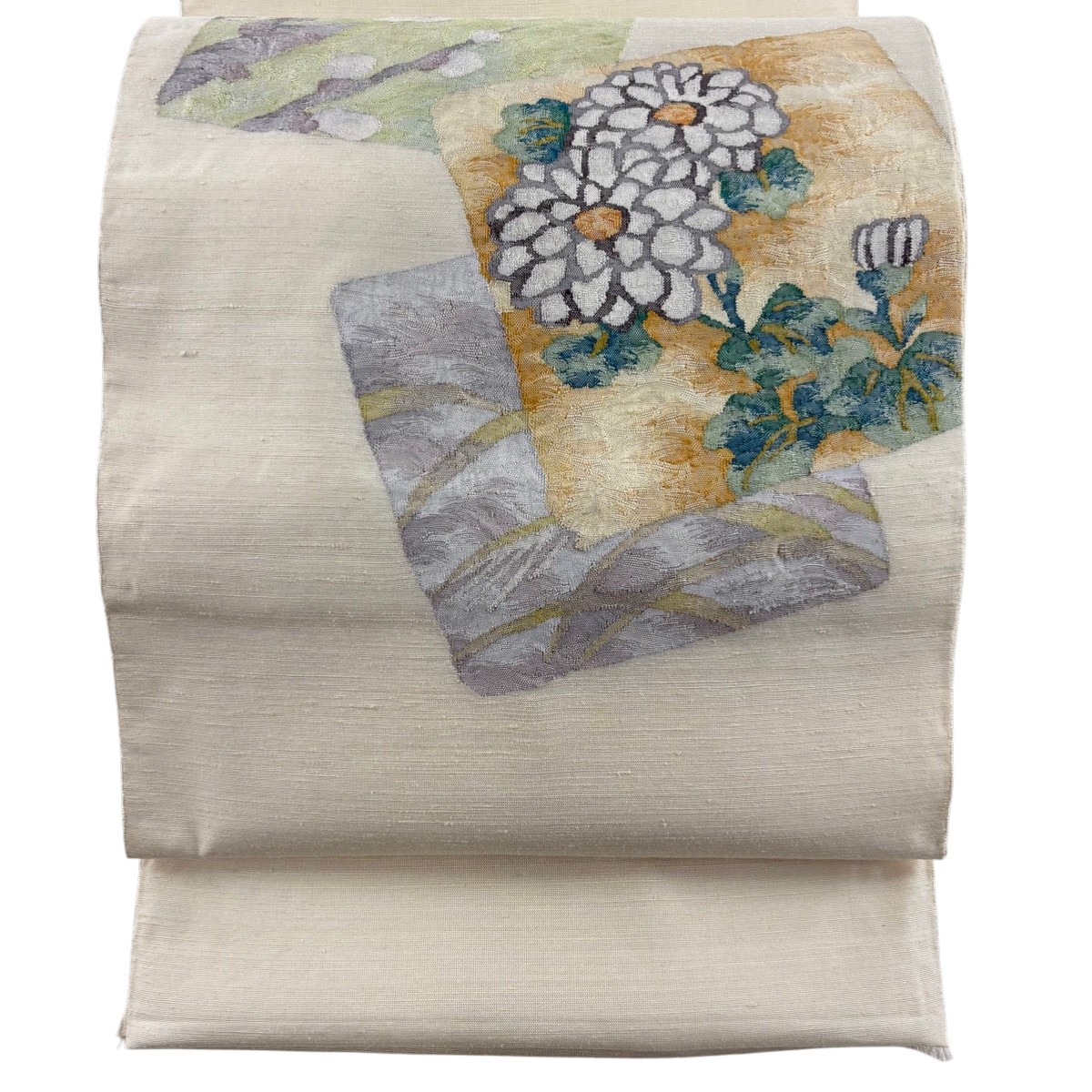 【美品】 袋帯 秀品 証紙あり 色紙 菊 紬地 クリーム お太鼓柄 正絹 【中古】