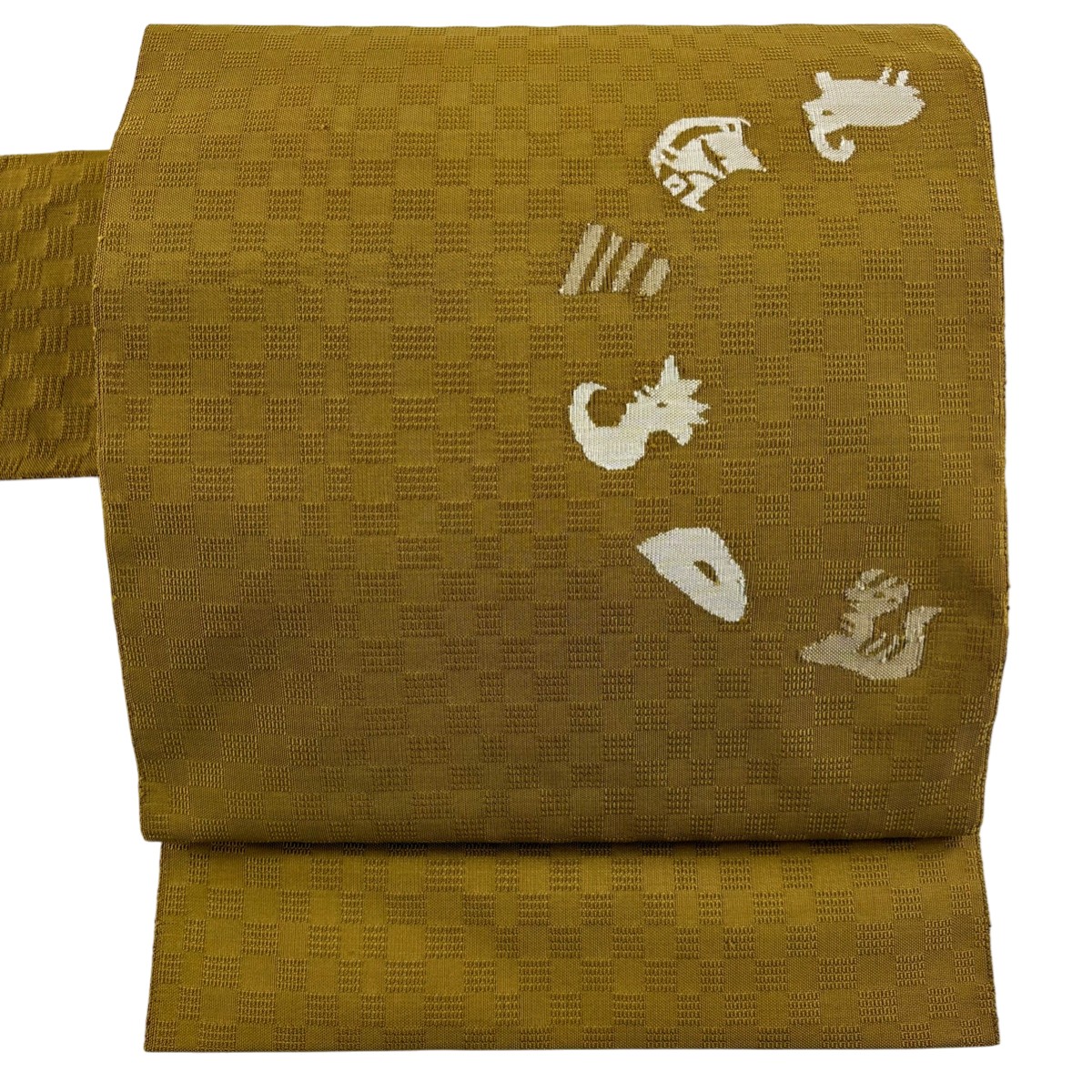【美品】 名古屋帯 秀品 八寸名古屋帯 十二支 山吹茶色 正絹 【中古】 msp50