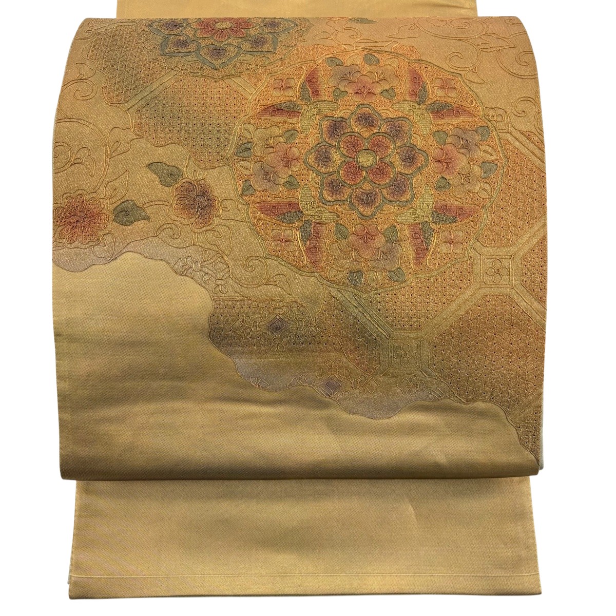 【美品】 袋帯 秀品 華文 蜀江文 汕頭刺繍 金彩 金茶 お太鼓柄 正絹 【中古】