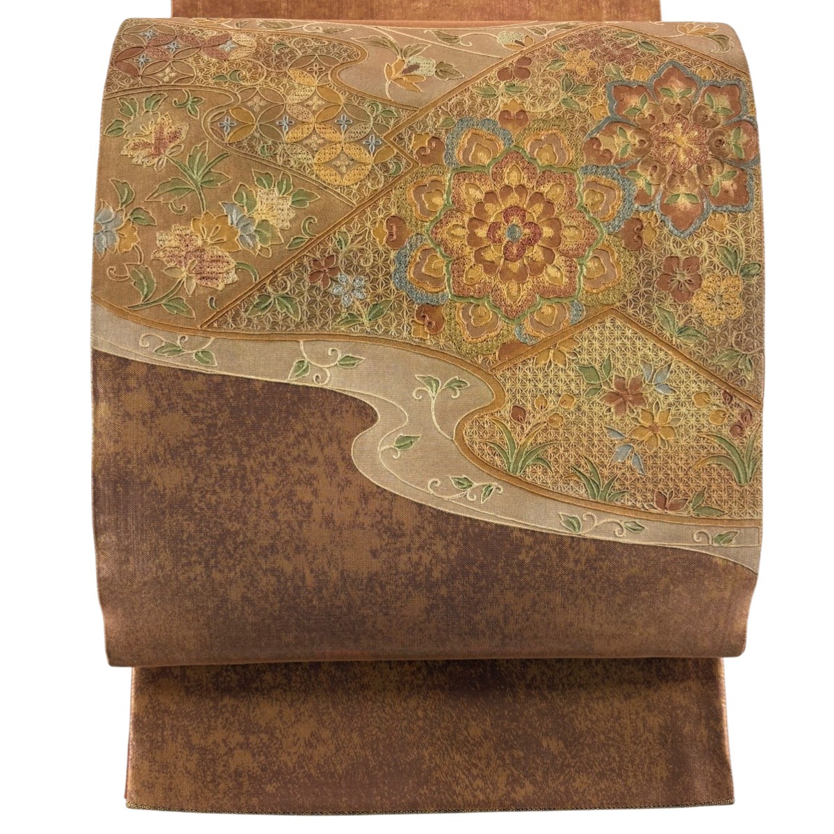 【美品】 袋帯 秀品 関西仕立て 華文 草花 刺繍 茜色 お太鼓柄 正絹 【中古】