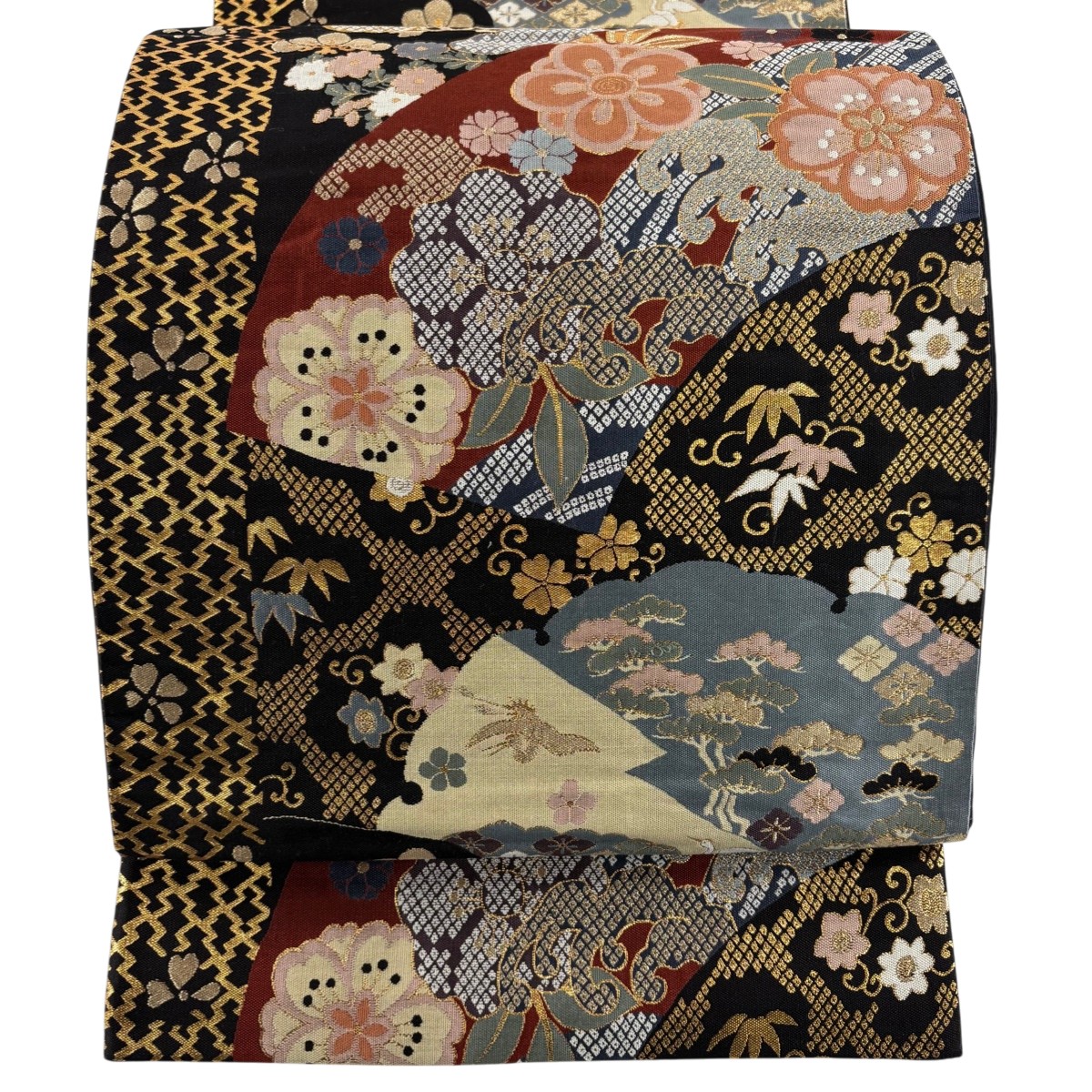 【美品】 袋帯 秀品 雪輪 桜 金糸 箔 黒 六通 正絹 【中古】