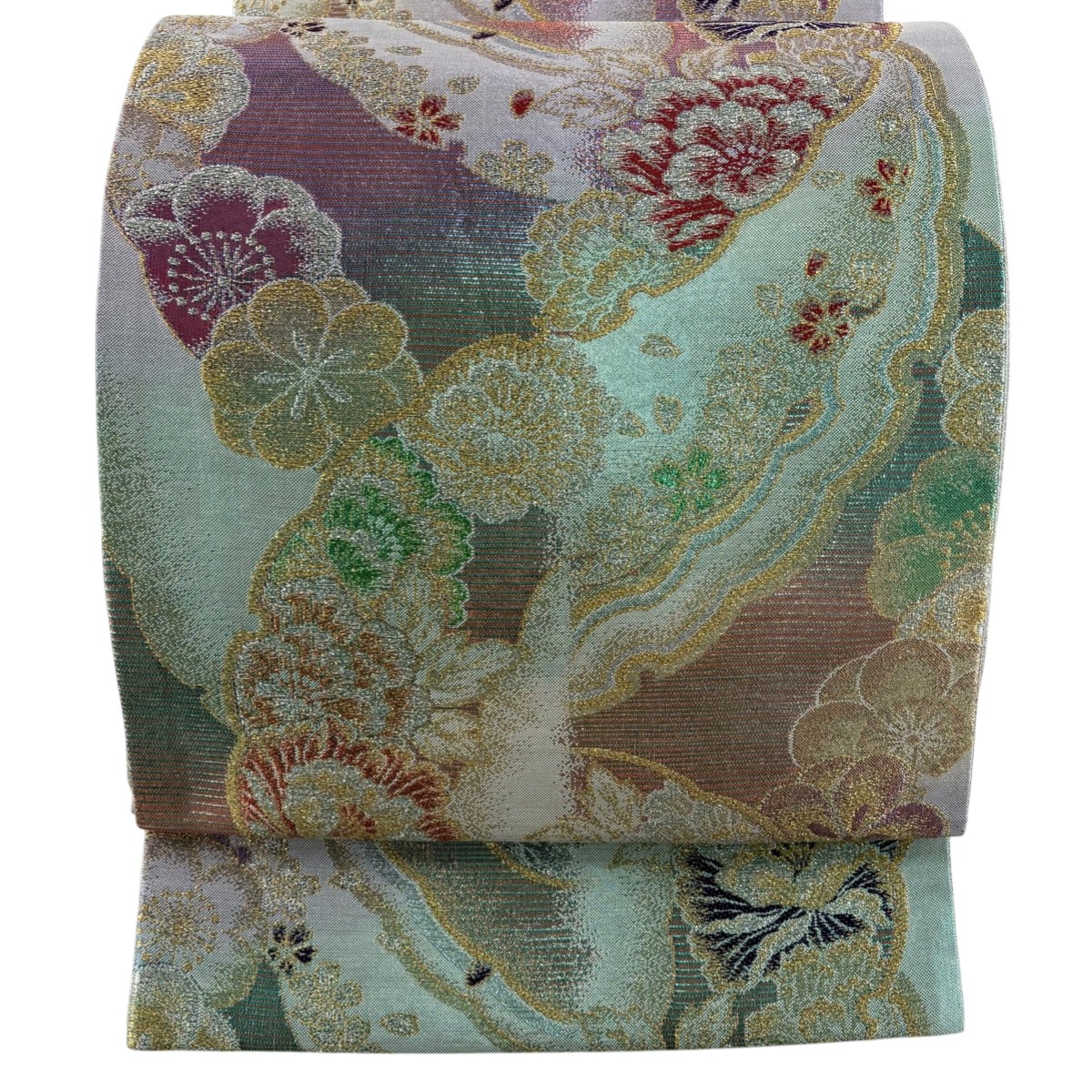 【美品】 袋帯 秀品 振袖向き 雪輪 草花 金銀糸 箔 薄緑 六通 正絹 【中古】