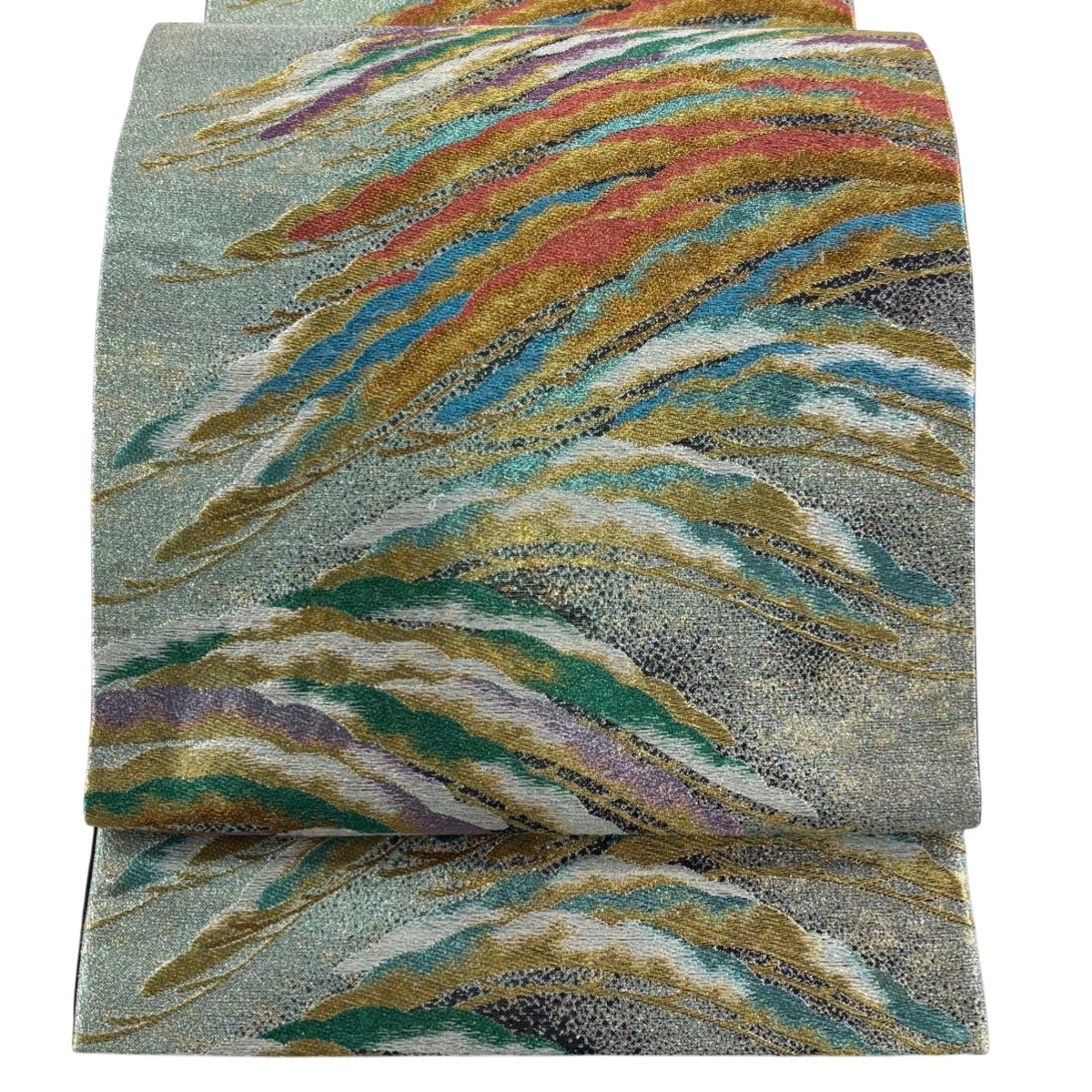 【美品】 袋帯 秀品 笠松 金銀糸 箔 灰緑 六通 正絹 【中古】
