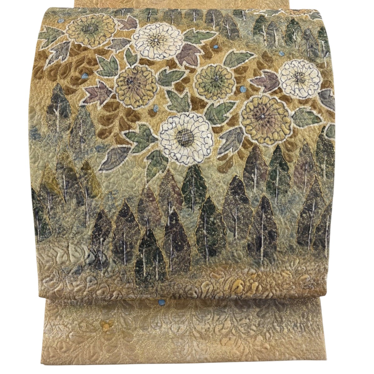 【美品】 袋帯 秀品 落款あり 菊 樹木 金糸 箔 薄茶色 お太鼓柄 正絹 【中古】