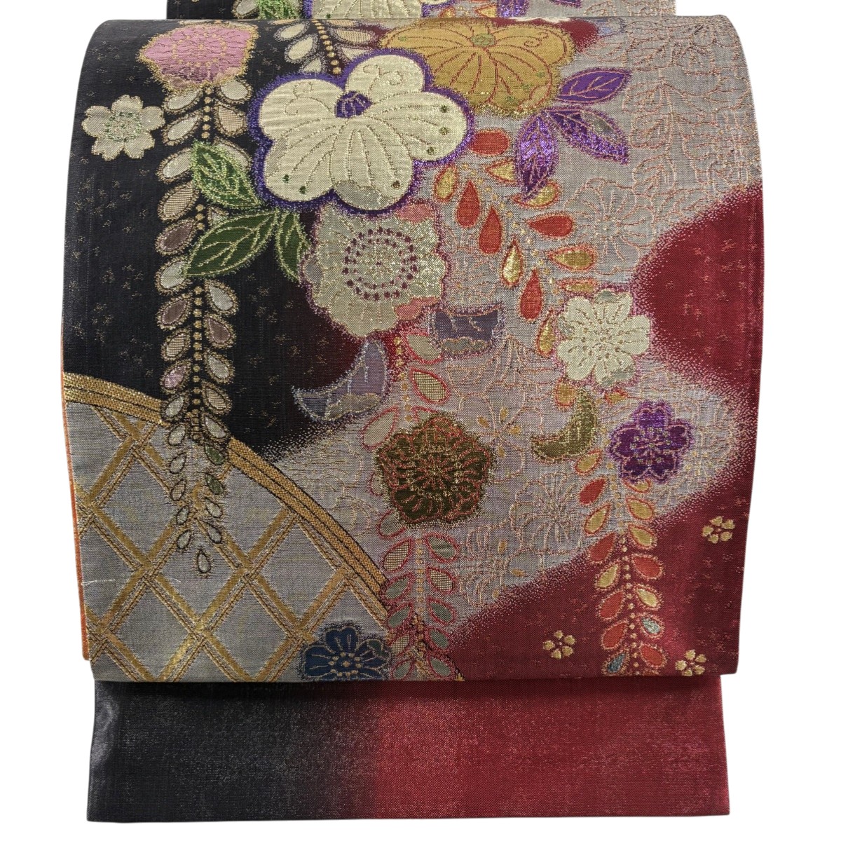 【美品】 袋帯 秀品 振袖向き 草花 箔 えんじ色 六通 正絹 【中古】