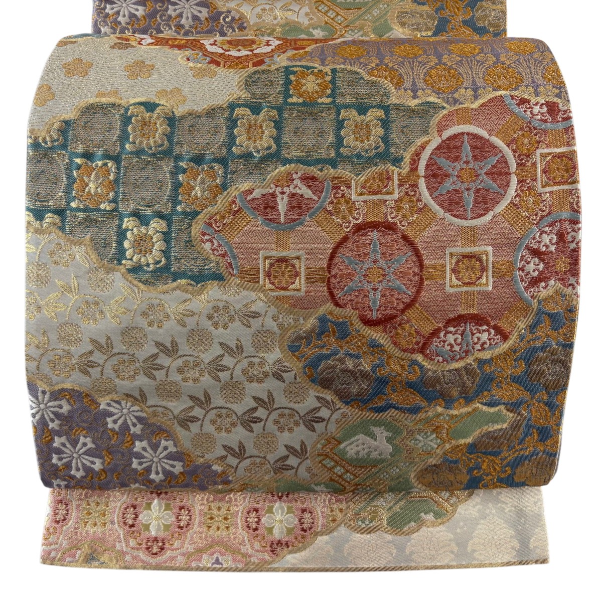 【美品】 袋帯 秀品 彩織割付文 ベージュ 六通 正絹 【中古】