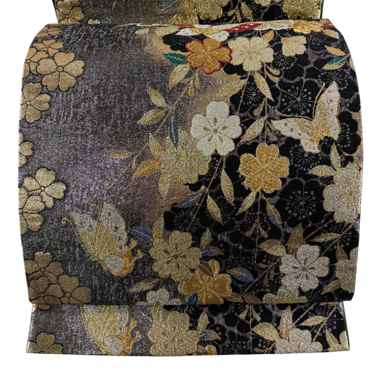 【美品】 袋帯 秀品 枝垂桜 蝶 銀色 六通 正絹 【中古】