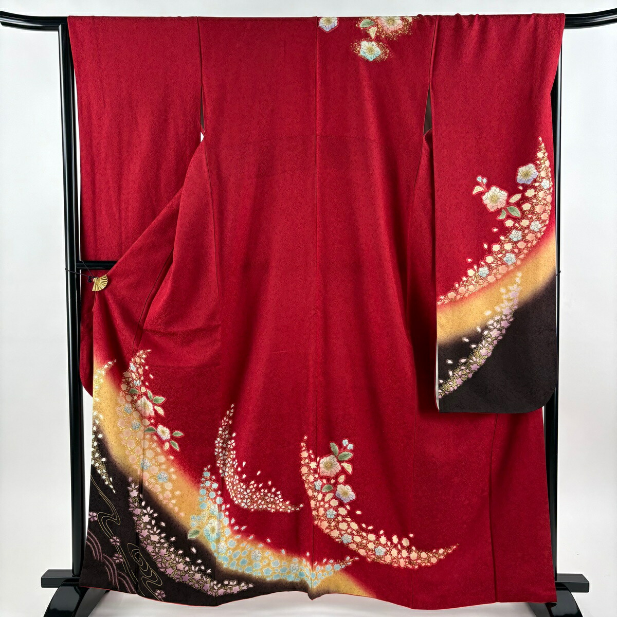【美品】 振袖 身丈163.5cm 裄丈65.5cm M 袷 辻が花柄 流水 金彩 染め分け 赤 正絹 名品 【中古】