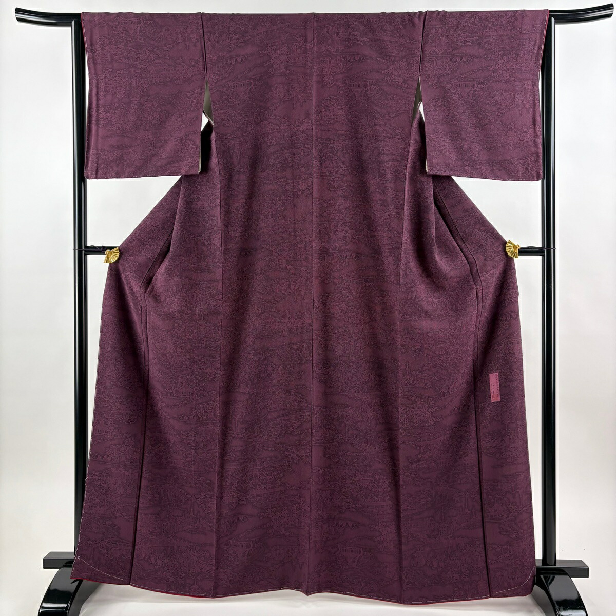 【美品】 江戸小紋 身丈164cm 裄丈64cm M 袷 六谷博臣 落款あり 建物 橋 紫 正絹 名品 【中古】