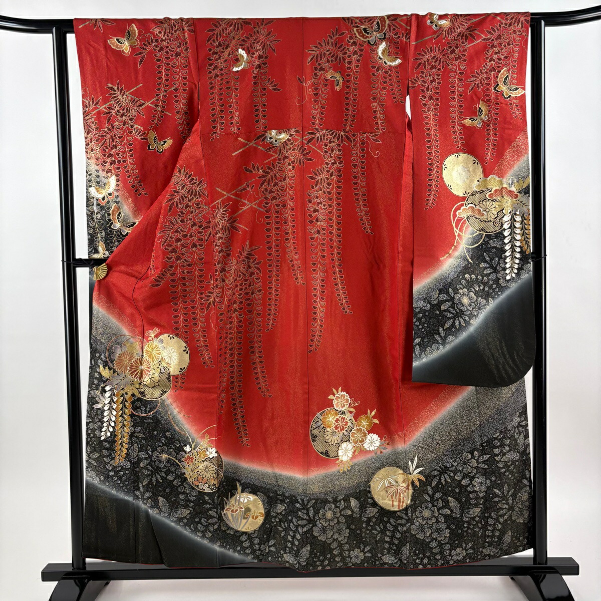 振袖 身丈156cm 裄丈61.5cm S 袷 花丸文 蝶 金通し 金銀彩 赤 正絹 名品 【中古】