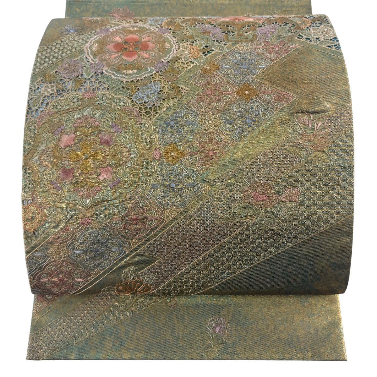 【美品】 袋帯 名品 華文 鴛鴦 螺鈿 刺繍 灰緑 お太鼓柄 正絹 【中古】 msp50