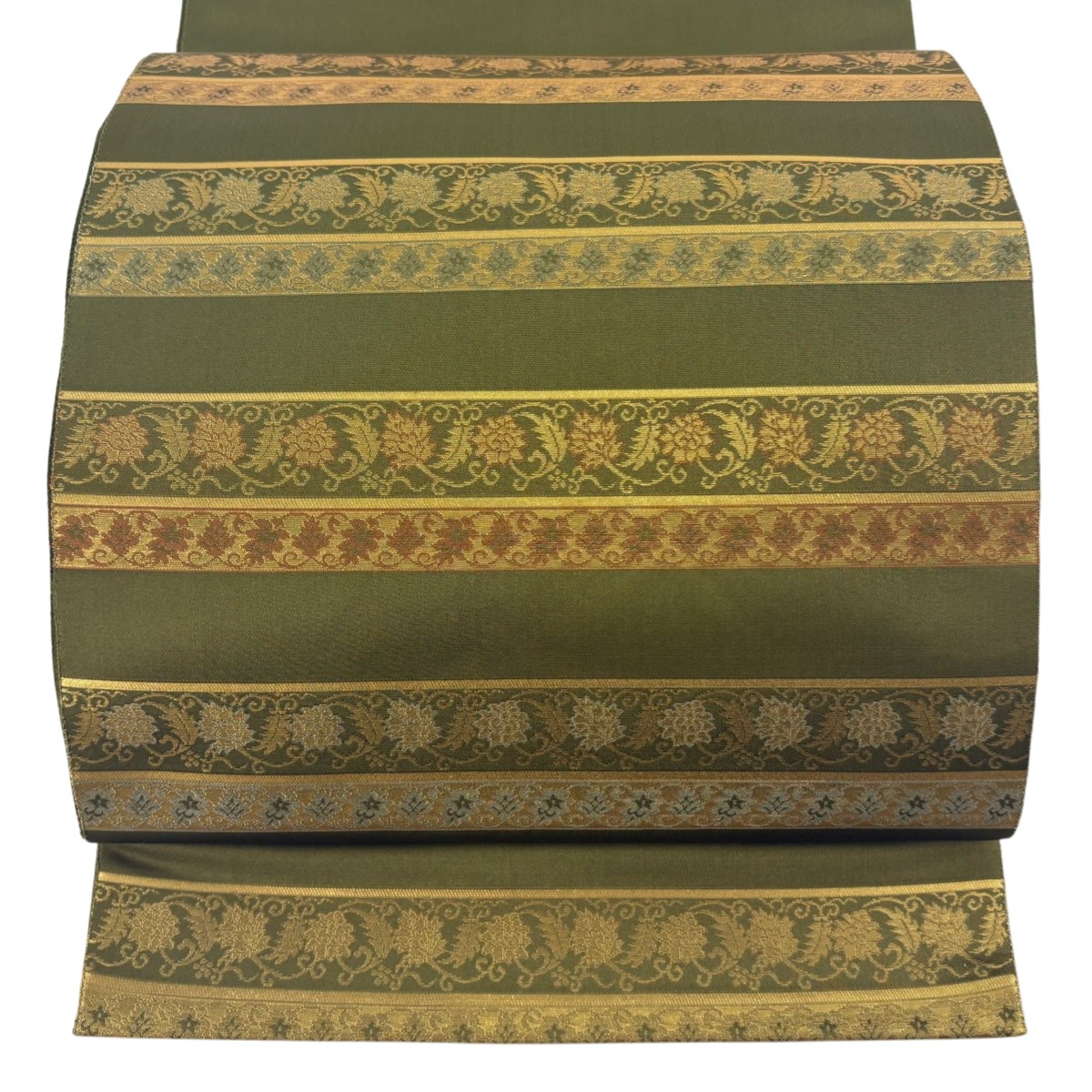 【美品】 袋帯 名品 箔屋清兵衛 落款あり 名物裂間道 花唐草 箔 茶緑色 お太鼓柄 正絹 【中古】 msp50