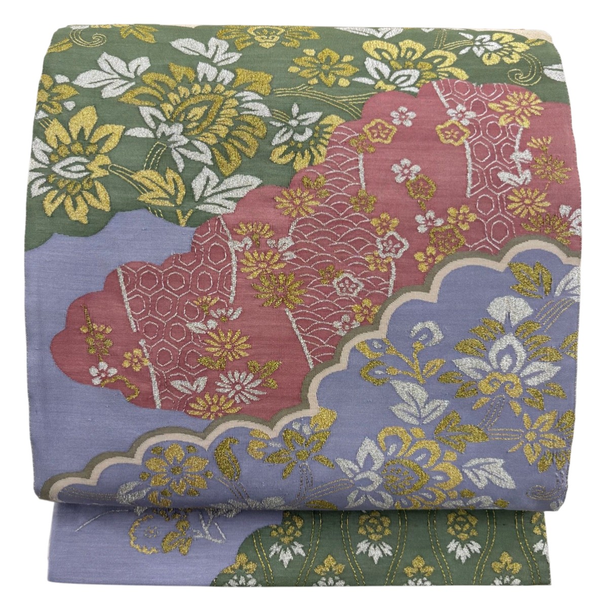【最終局面通貨価値】 【美品】 袋帯 珠玉 明綴れ 顕花植物 雲文 現ナマ糸 薄紫 お太鼓柄 正絹 【中古】 msp70