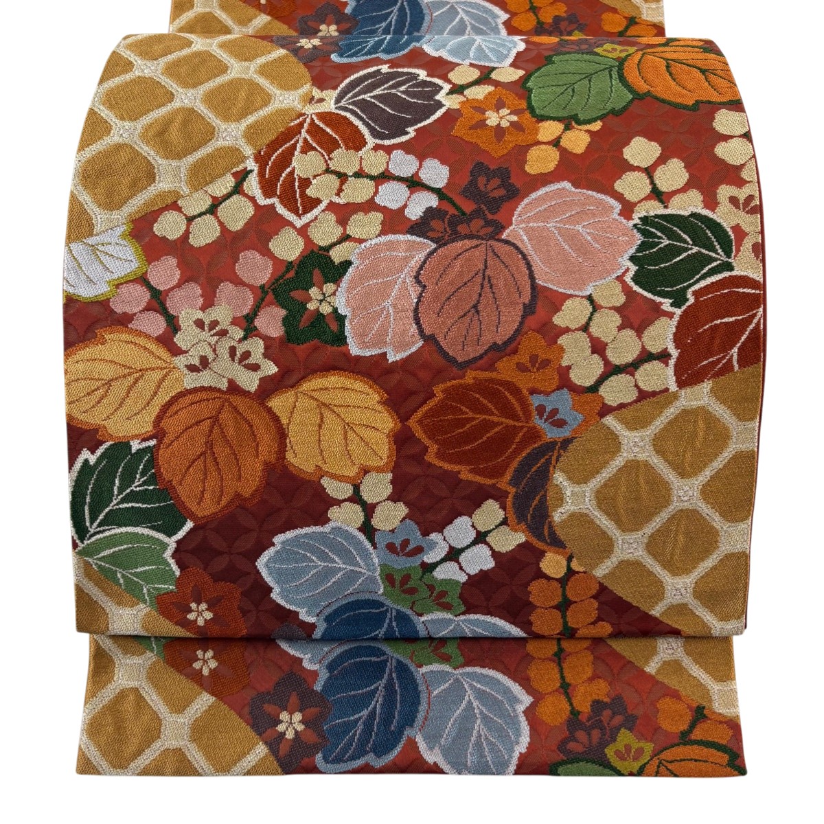 【美品】 袋帯 逸品 白綾苑大庭 落款あり 桐 七宝文 箔 茜色 六通 正絹 【中古】