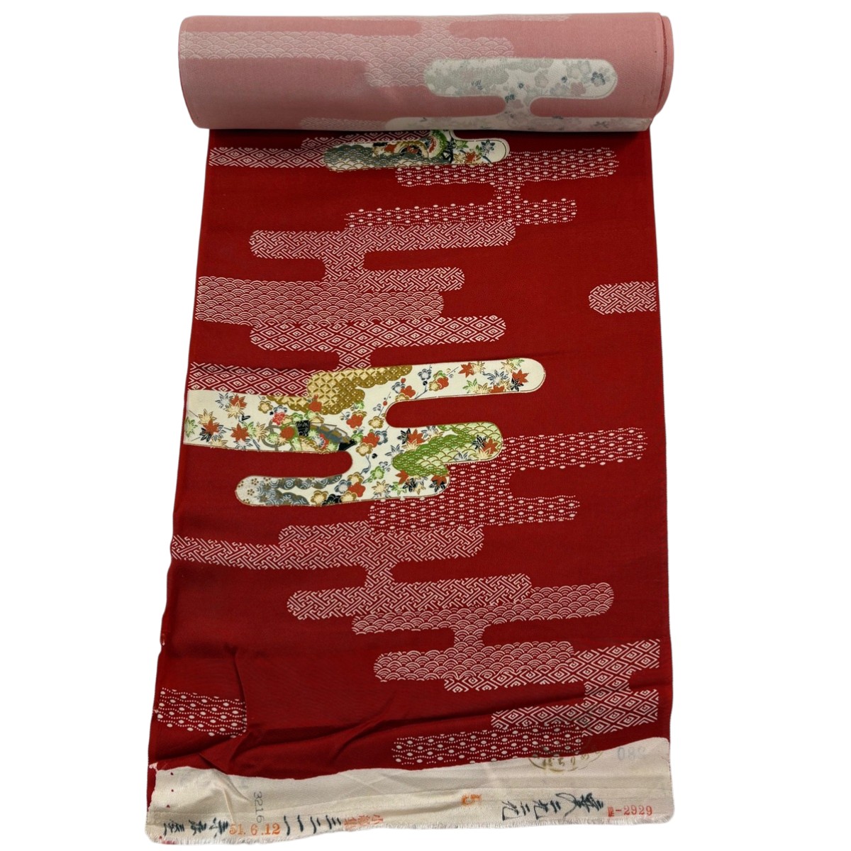 反物 秀品 小紋 ヱ霞 草花 赤 正絹 【中古】
