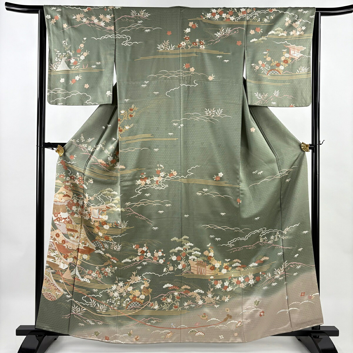 訪問着 身丈162.5cm 裄丈63.5cm S 袷 鴛鴦 松竹梅 金彩 ぼかし 灰緑 正絹 秀品 【中古】