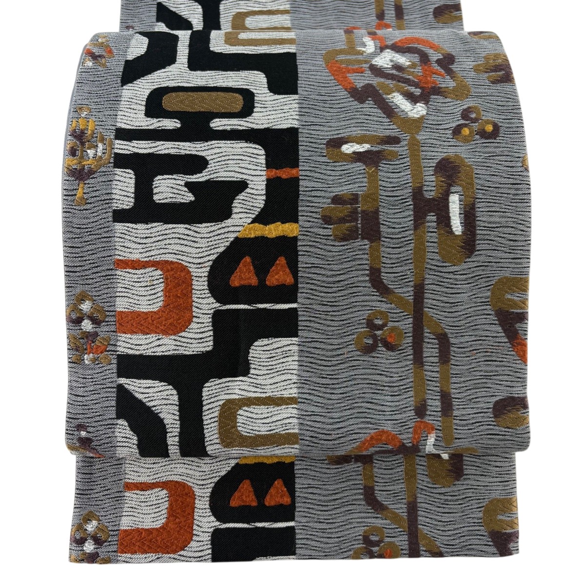 【美品】 袋帯 秀品 幾何学模様 箔 灰色 六通 正絹 【中古】