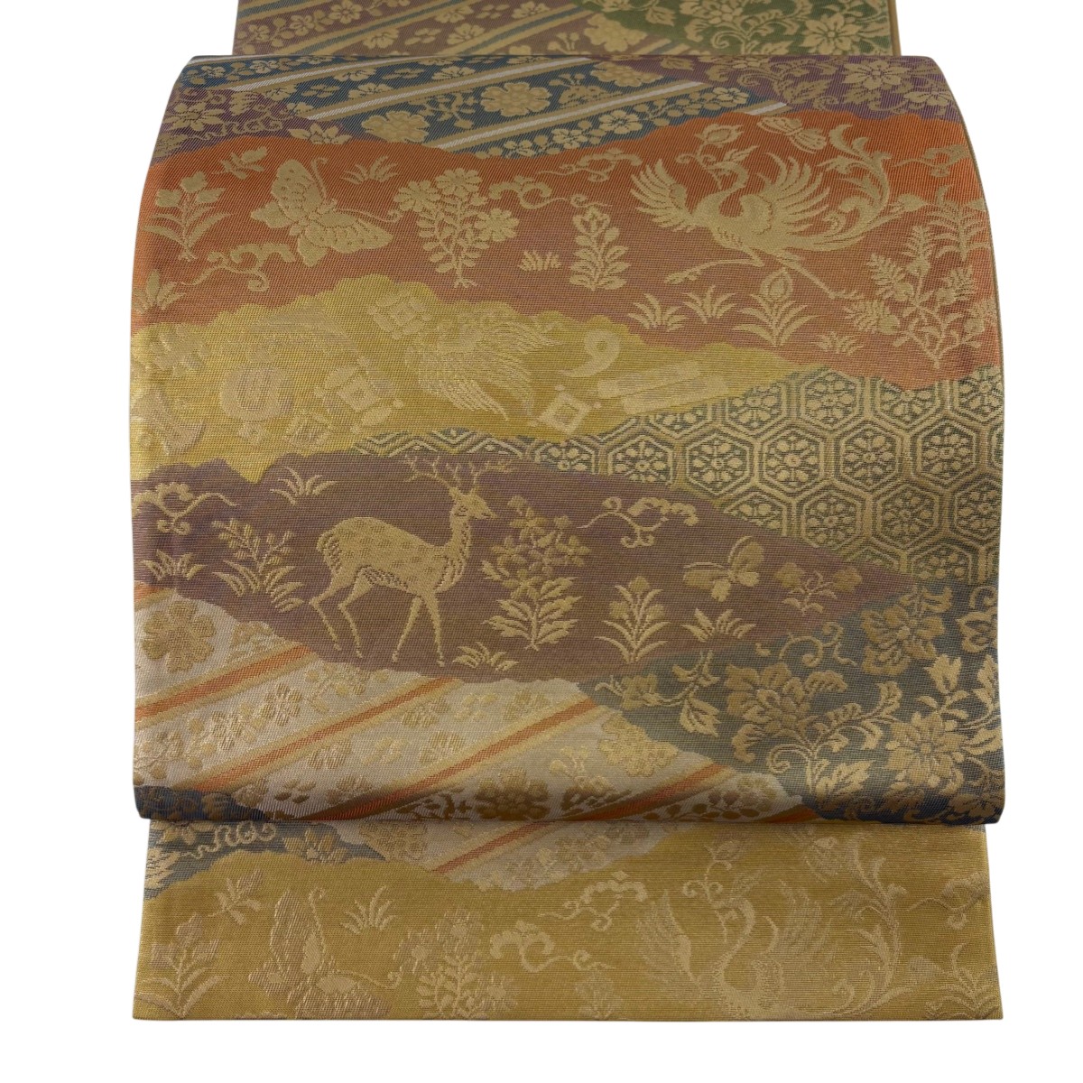 【美品】 袋帯 秀品 鈴乃屋 動物 宝尽くし 箔 山吹色 六通 正絹 【中古】