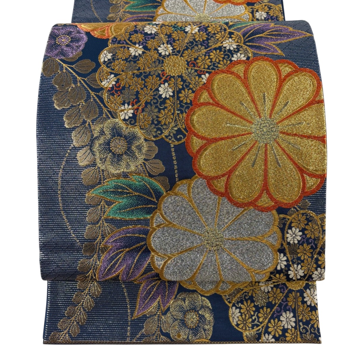 【美品】 袋帯 秀品 菊 梅 金銀糸 箔 紺色 六通 正絹 【中古】