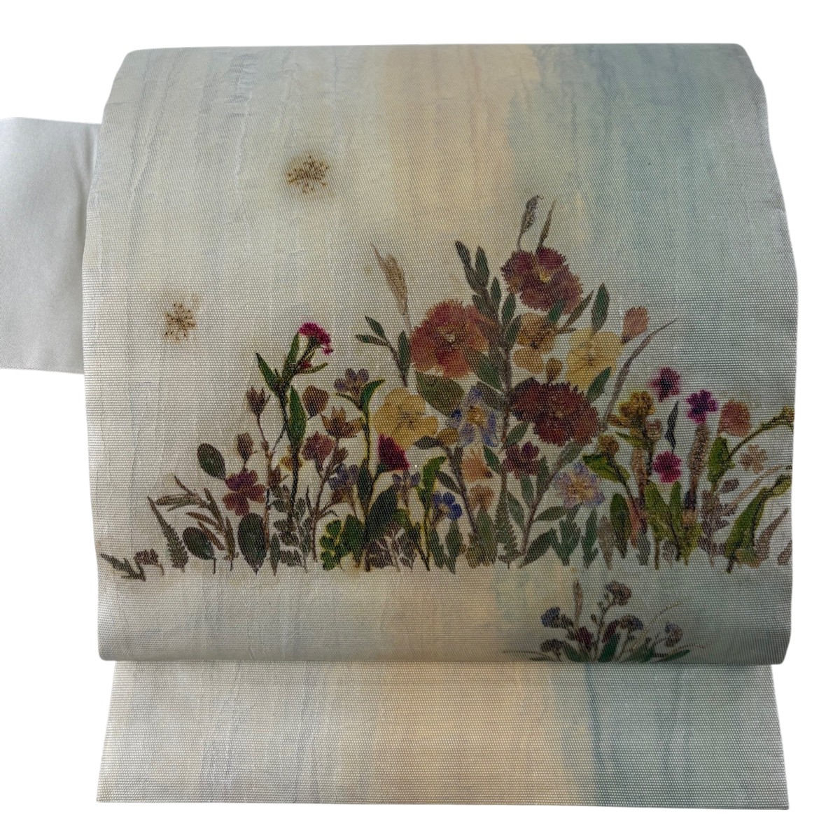 名古屋帯 秀品 落款あり 草花 箔 刺繍 クリーム 正絹 【中古】 6,600円