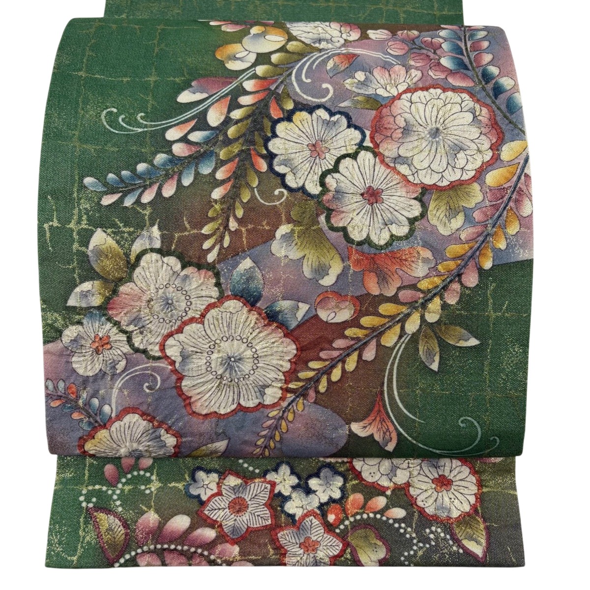 【美品】 袋帯 秀品 落款あり 辻が花 箔 ぼかし 緑 お太鼓柄 正絹 【中古】