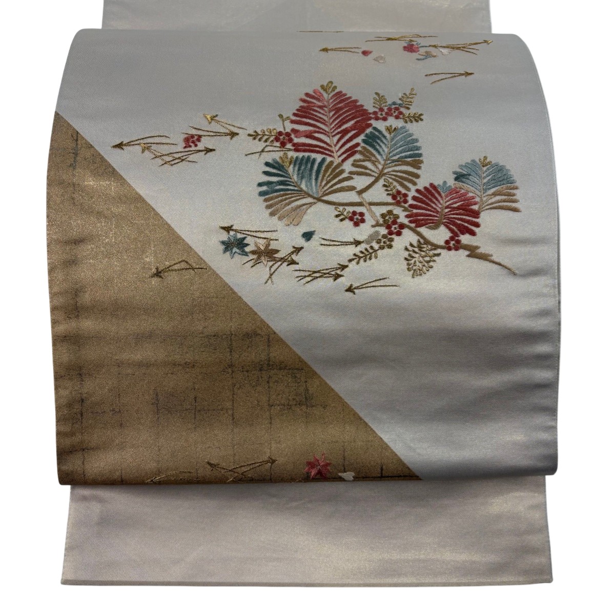 袋帯 秀品 関西仕立て 松梅 吹き寄せ 箔 金糸 ベージュ お太鼓柄 正絹 【中古】