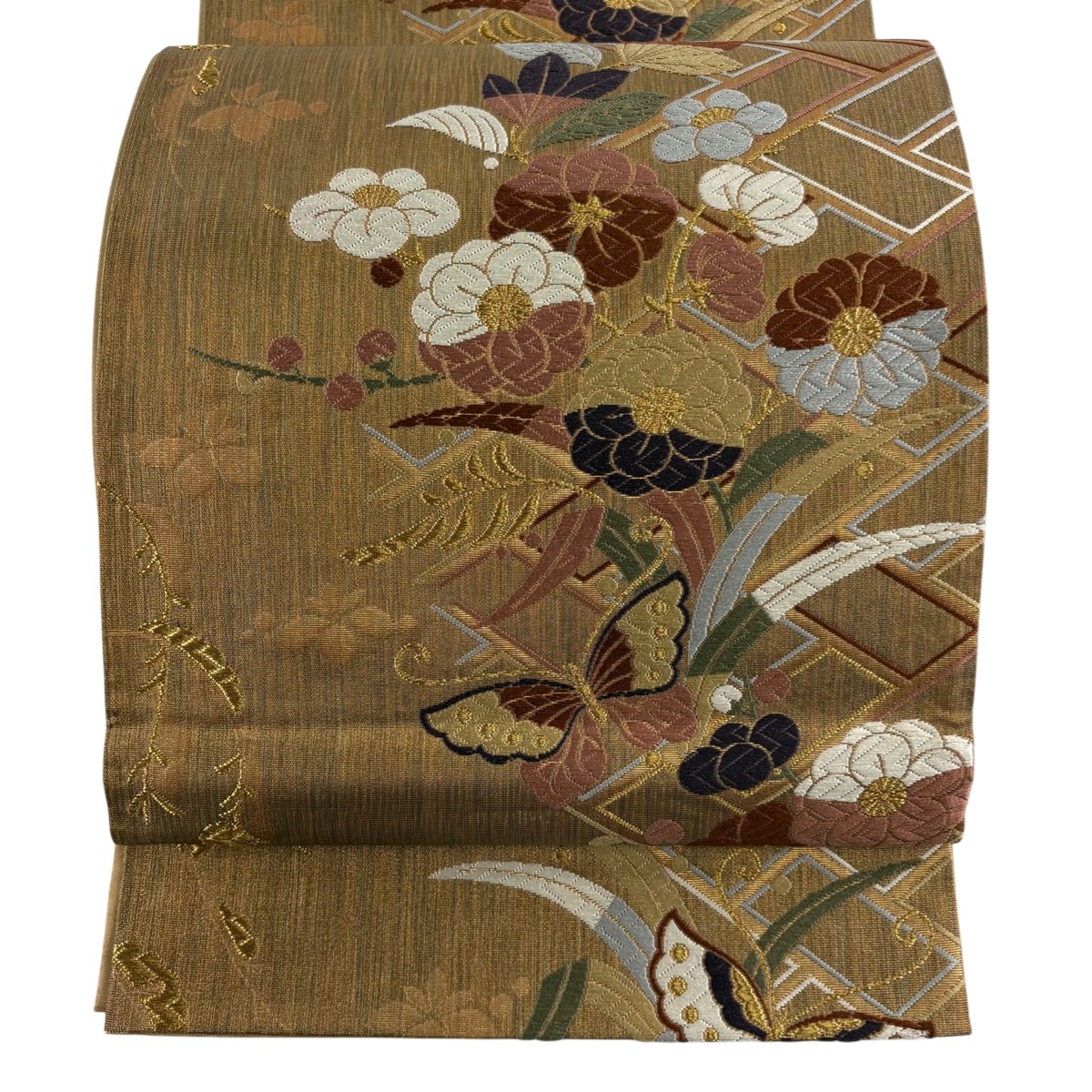 【美品】 袋帯 秀品 振袖向き 枝梅 蝶 唐織 金糸 金茶 六通 正絹 【中古】
