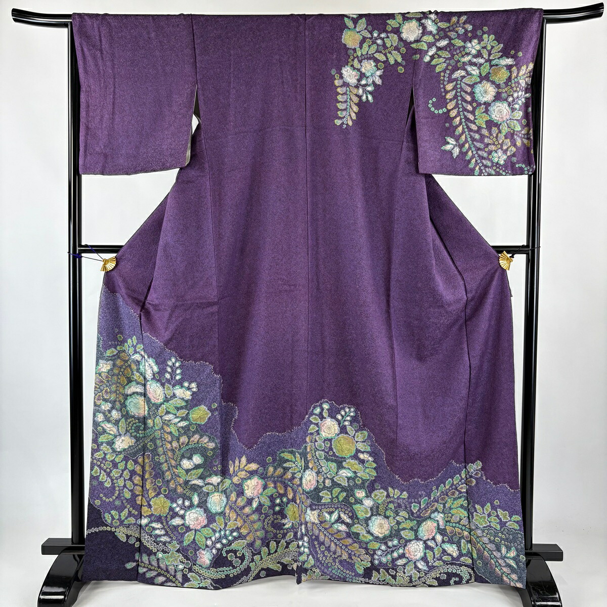 訪問着 身丈166.5cm 裄丈67cm M 袷 辻が花柄 金通し 絞り 紫 正絹 名品 【中古】
