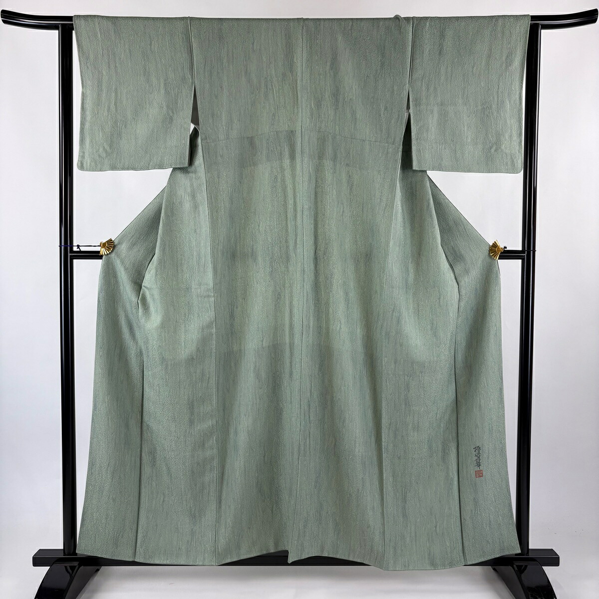 小紋 身丈156cm 裄丈64.5cm M 袷 落款あり 墨流し 地紋 薄緑 正絹 名品 【中古】