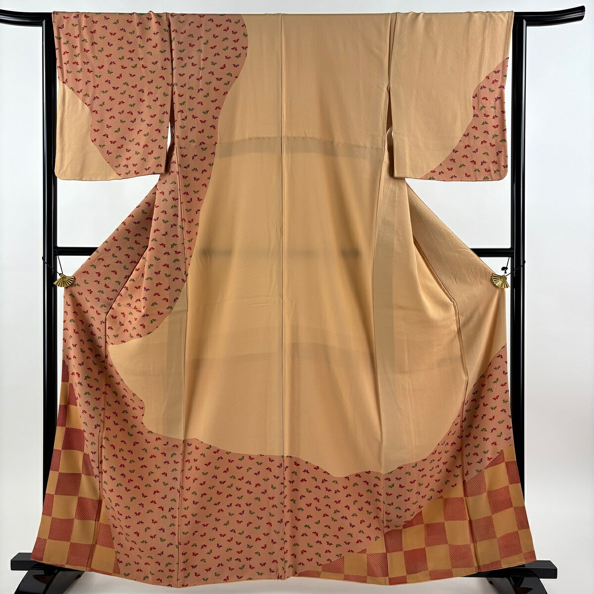 訪問着 身丈163cm 裄丈64cm M 袷 蝶 市松 金彩 薄茶色 正絹 秀品 【中古】