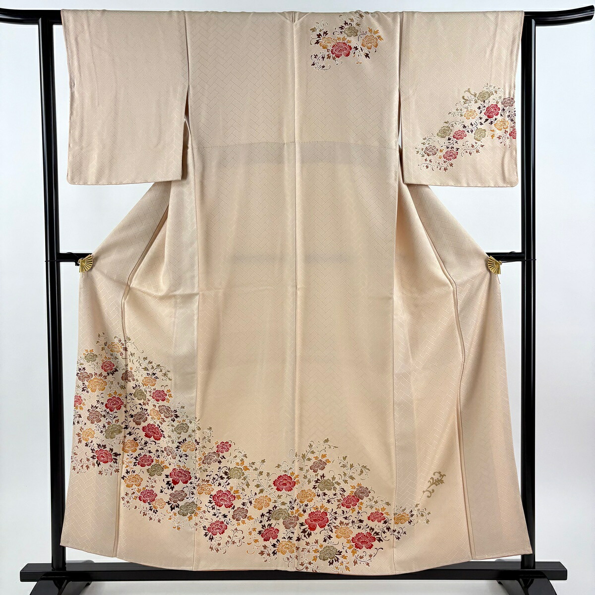 訪問着 身丈155.5cm 裄丈64cm M 袷 草花 地紋 金彩 ベージュ 正絹 秀品 【中古】