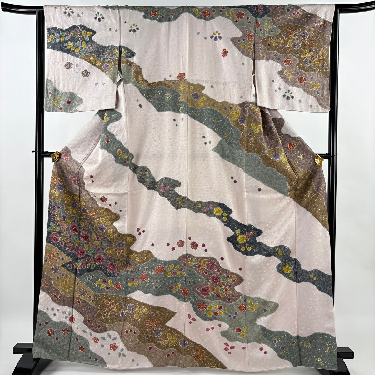 訪問着 身丈166cm 裄丈63.5cm S 袷 草花 道長取り 金彩 絞り 薄小豆 正絹 名品 【中古】