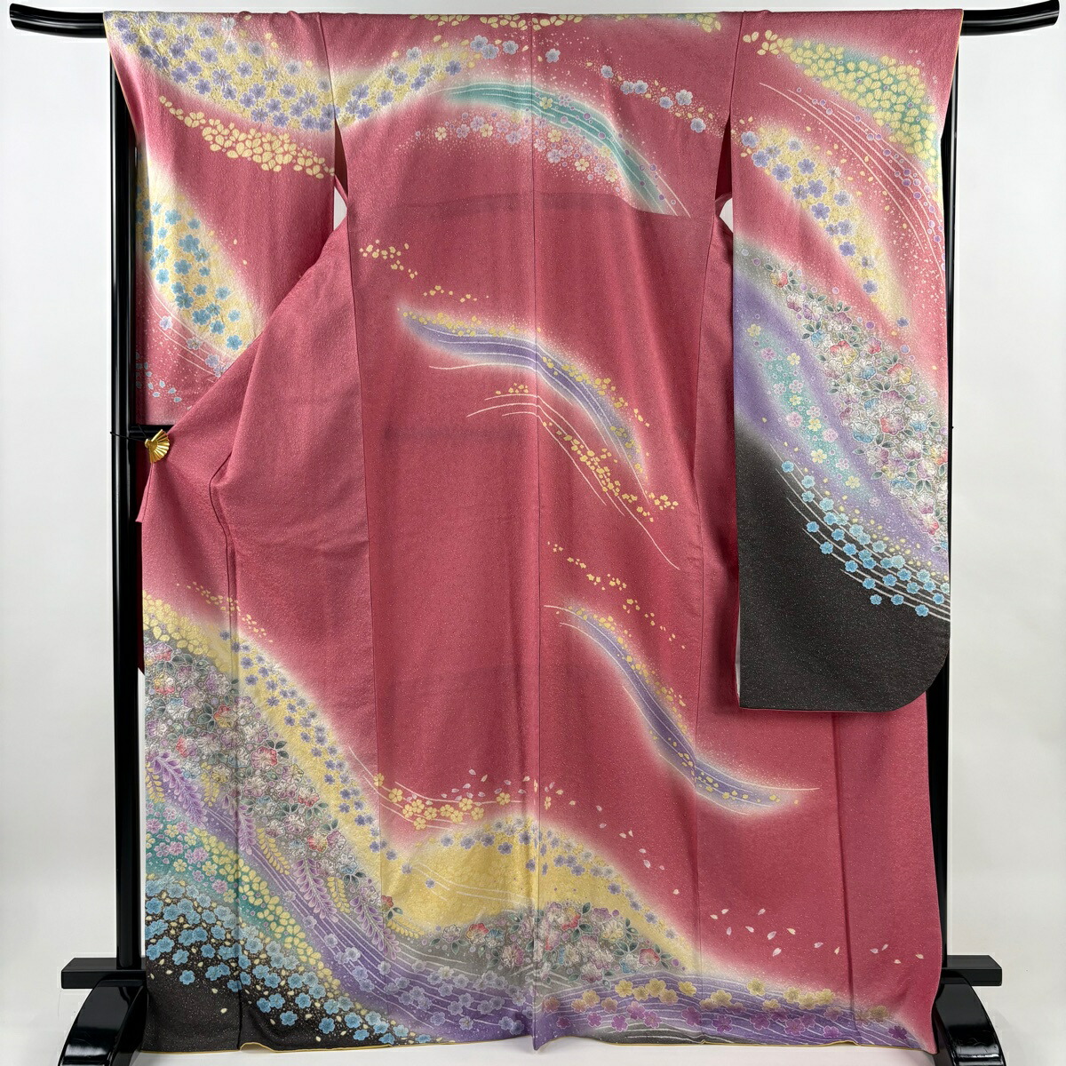 【美品】 振袖 身丈170.5cm 裄丈68cm L 袷 やまと 桜 草花 銀通し 絞り ピンク 正絹 名品 【中古】