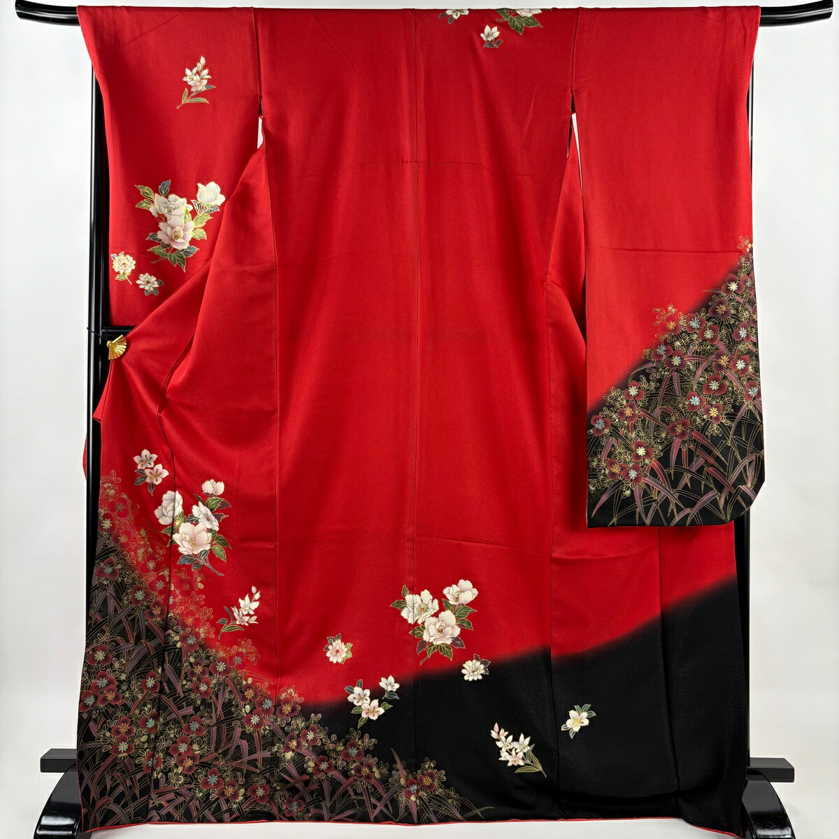 振袖 身丈172cm 裄丈68.5cm L 袷 草花 萩 銀通し 金彩 赤 正絹 名品 【中古】