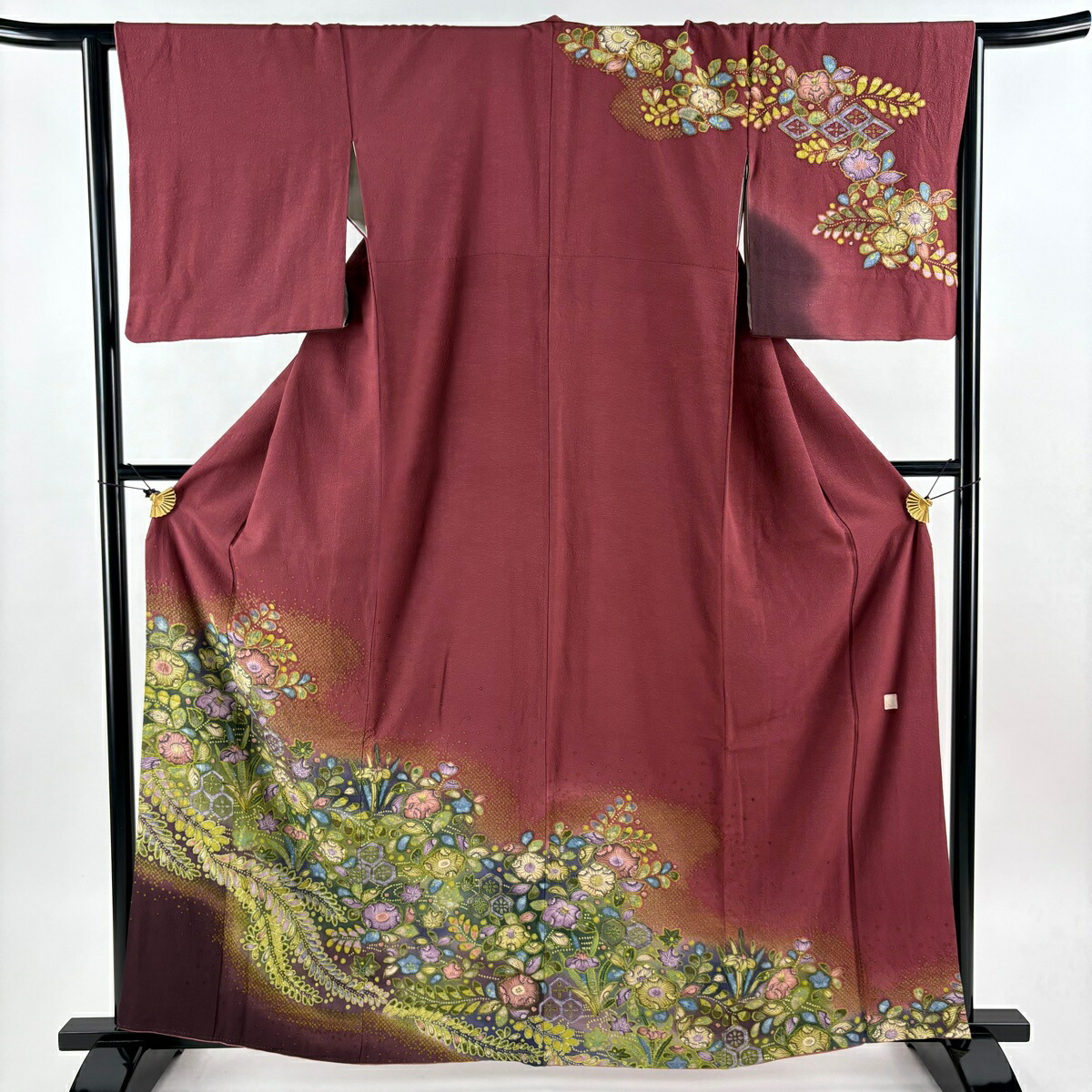 訪問着 身丈163cm 裄丈64.5cm M 袷 落款あり 辻が花柄 亀甲 ぼかし 赤紫 正絹 名品 【中古】