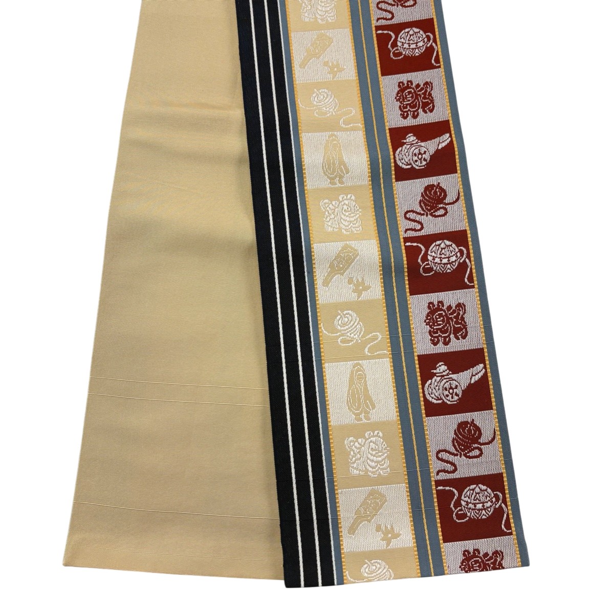 【美品】半幅帯 秀品 博多織 証紙有 縞 玩具 ベージュ 正絹 【中古】 msp50