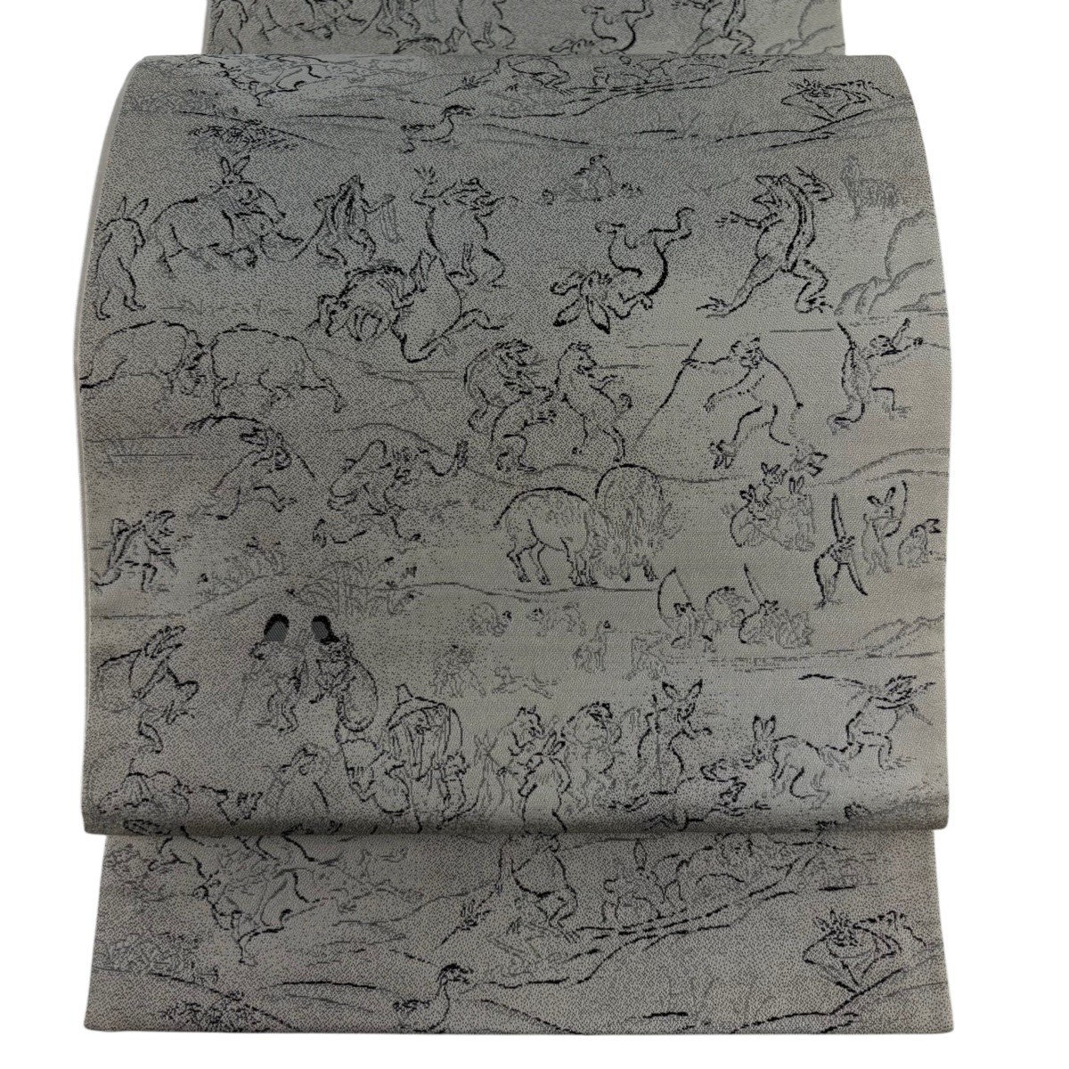 袋帯 逸品 証紙あり 本場奄美大島泥染 鳥獣戯画 灰色 六通 正絹 【中古】
