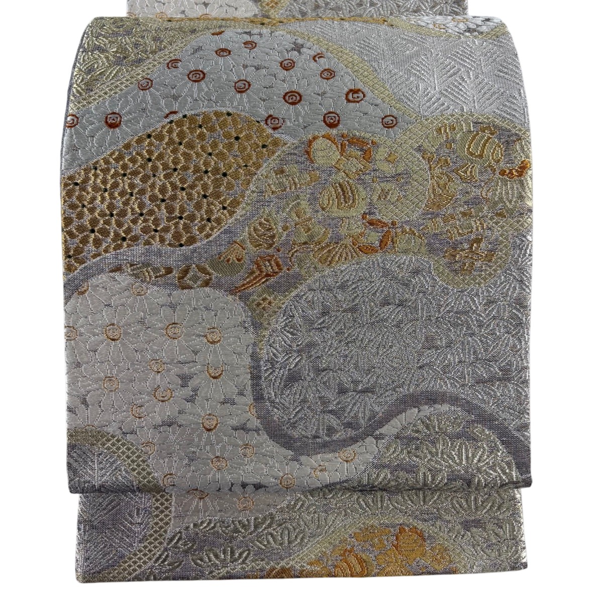 【美品】 袋帯 逸品 純白金 宝尽くし 松竹梅 金銀糸 刺繍 銀色 六通 正絹 【中古】